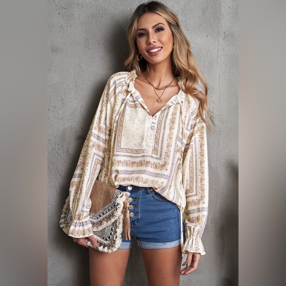 Beige V Neck Lantern Sleeve Drawstring Tribal
Print Top Bohemian Blouse - Picture 2 of 15